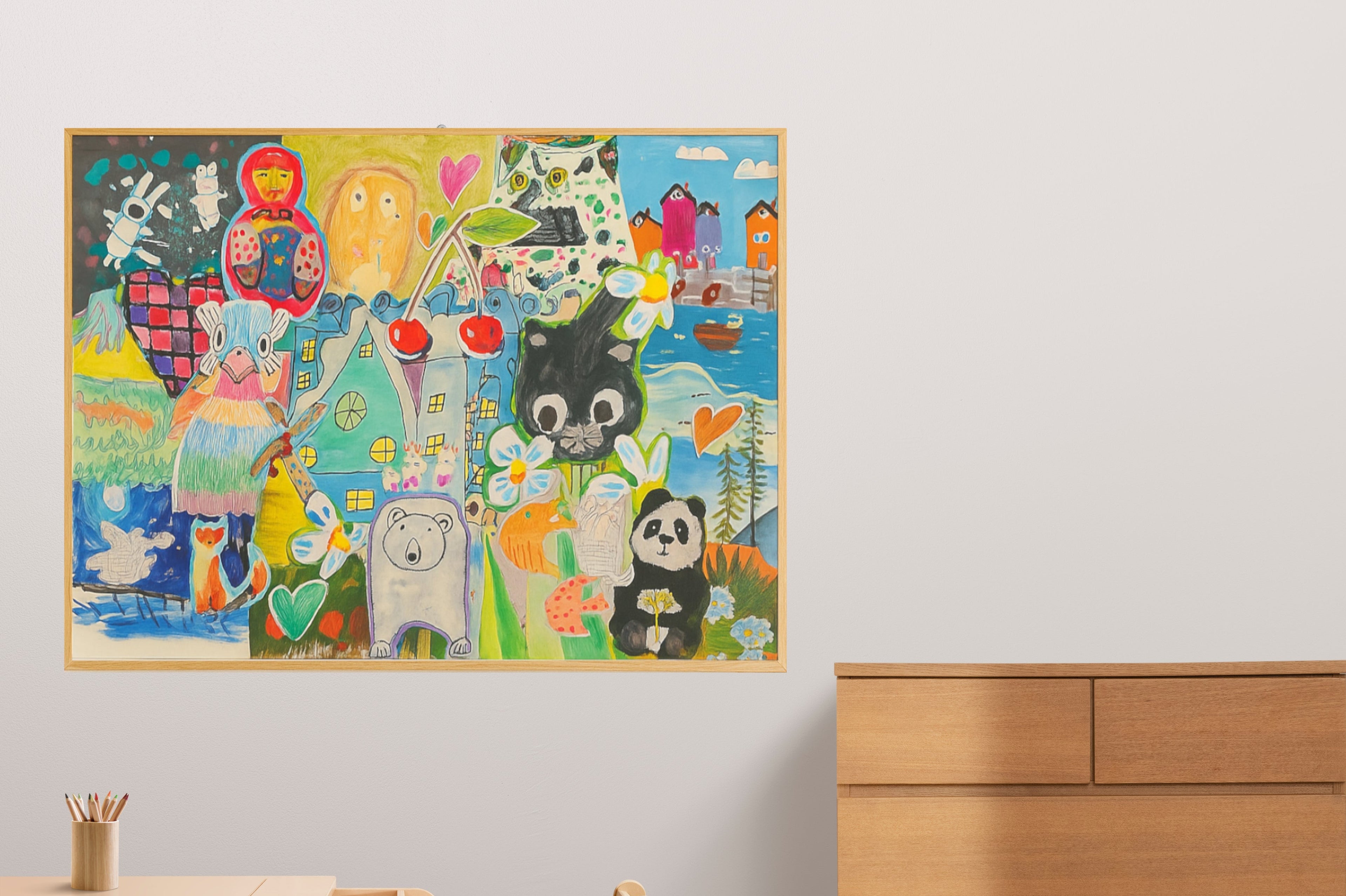 Custom collage made from child’s drawings on wood panel