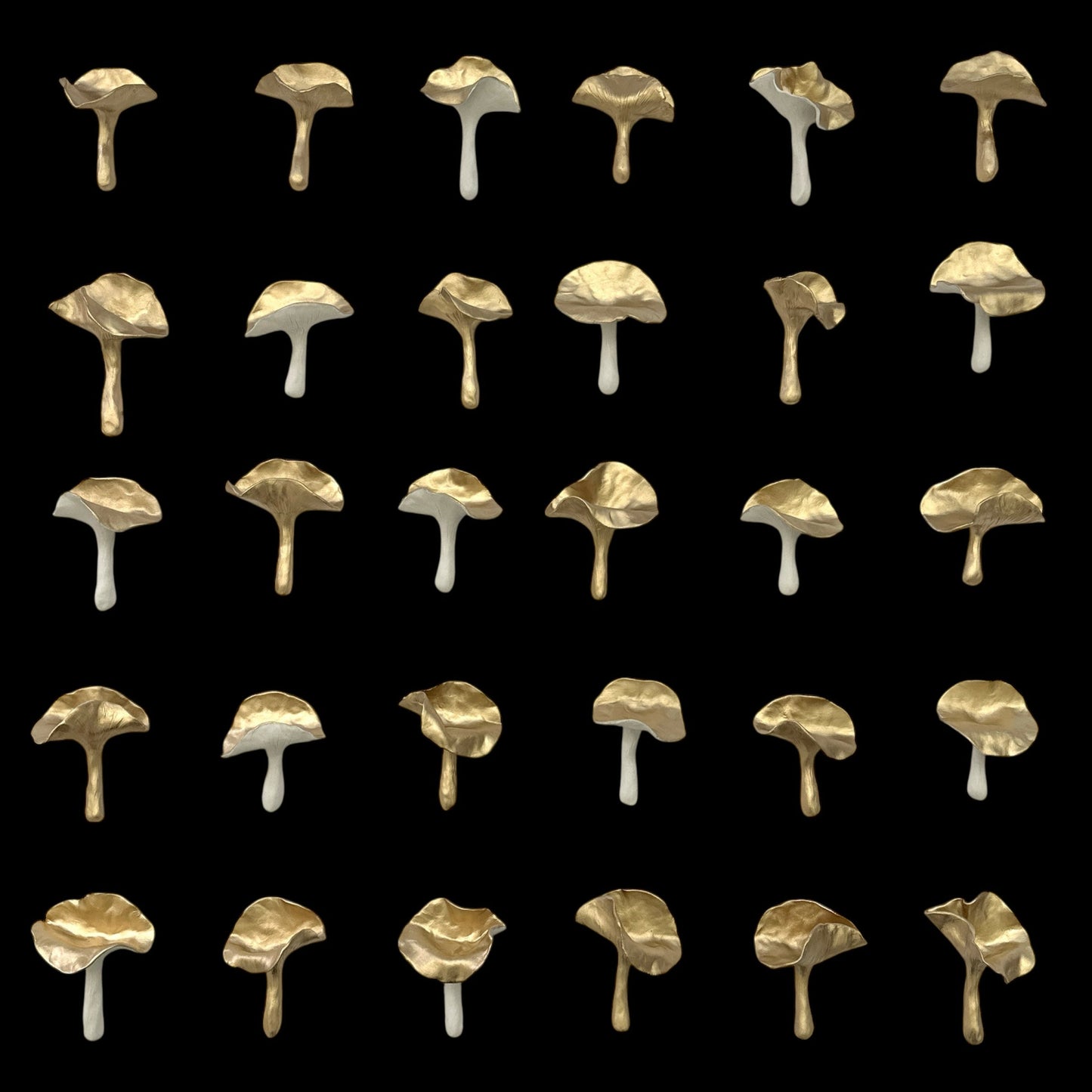 MUSHROOMS wall sculpture, 30-piece set, porcelain, white and gold finish