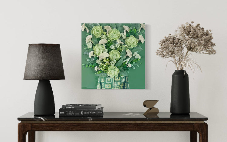 Mixed-media wall sculpture with ceramic and silk flowers  Layered mixed-media wall art for modern living room  Handmade contemporary wall collage with natural textures