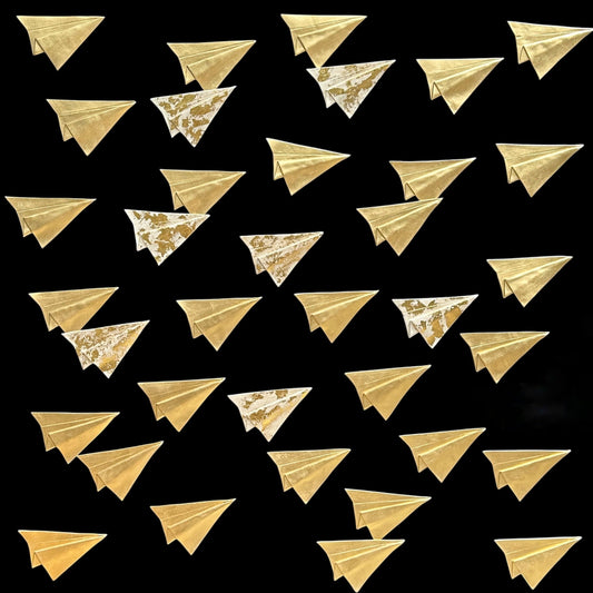 PAPER AIRPLANES wall sculpture, 36-piece set, porcelain, white and gold finish