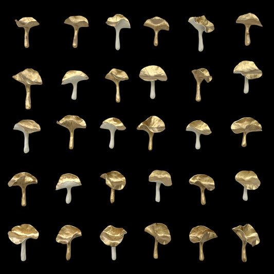 MUSHROOMS wall sculpture, 30-piece set, porcelain, white and gold finish