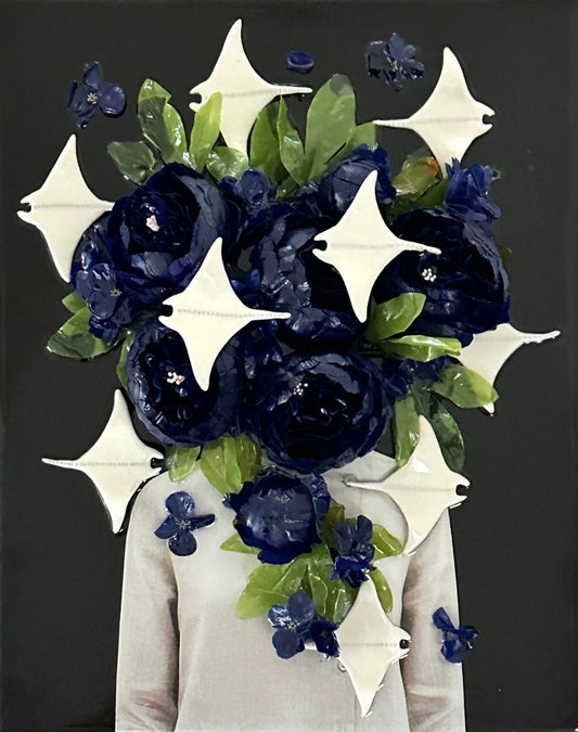 Handmade mixed-media wall art combining ceramic elements, collages, resin, and silk flowers for modern home decor.