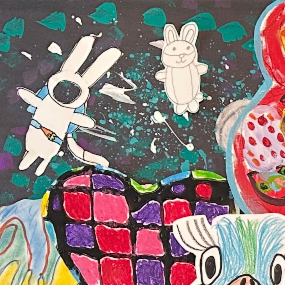 Variety of custom-sized mixed-media collages made from children’s drawings in Seattle