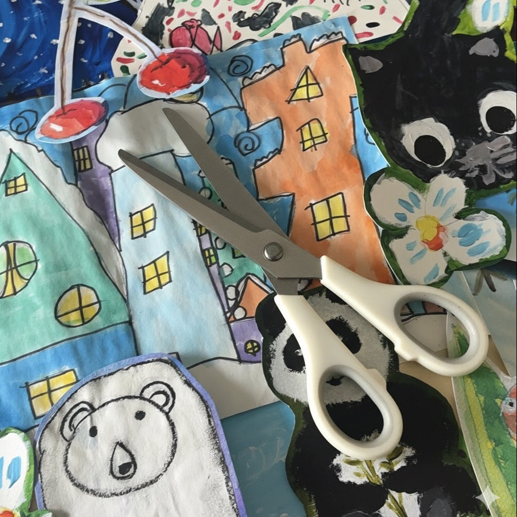 Local Artist assembling a child’s artwork into a custom collage 